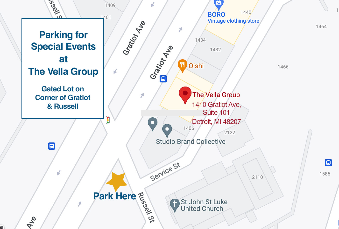Parking map for special events at The Vella Group office 1410 Gratiot, Detroit