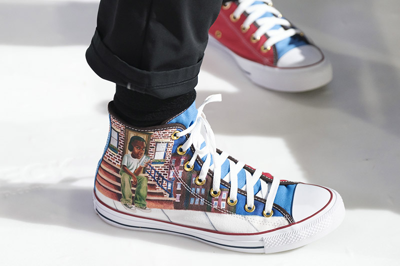 Father Tim's custom Converse sneakers for Pope Francis Center Building Bridges Gala